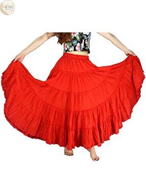Women's Maxi Skirt Boho Pleated Cotton 5 Tiered Long A-Line Dance Skirts